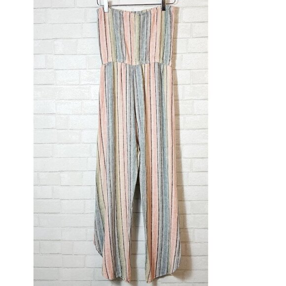 Anthropologie Drew Emerson Multicolor Striped Strapless Open Leg Linen Jumpsuit - Picture 8 of 9